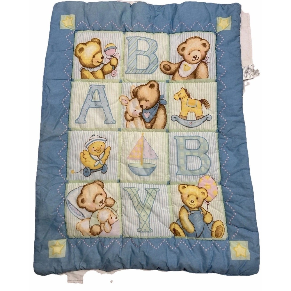 Vintage 90s Springmaid Baby Quilt Alphabet Blocks Blue Jeans Teddy Cottagecore